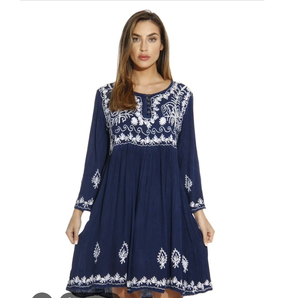 Riviera Sun Blue Embroidered Boho Tunic Dress Long Sleeve Plus Size 1X
